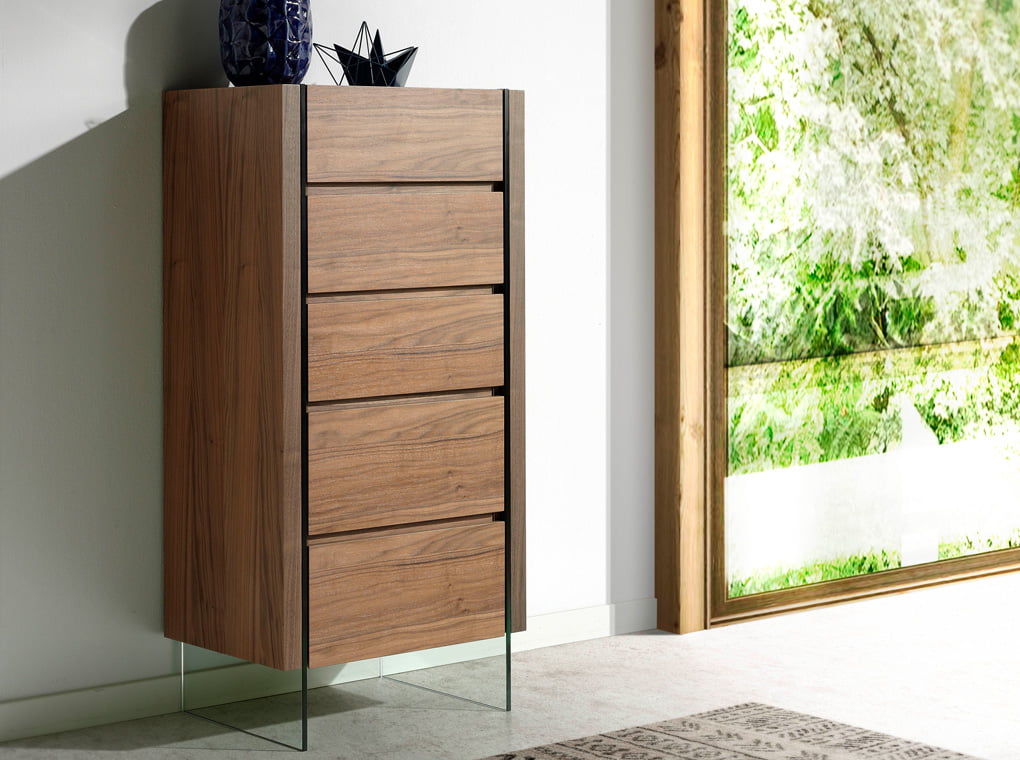 Walnut wood chiffonier and tempered glass