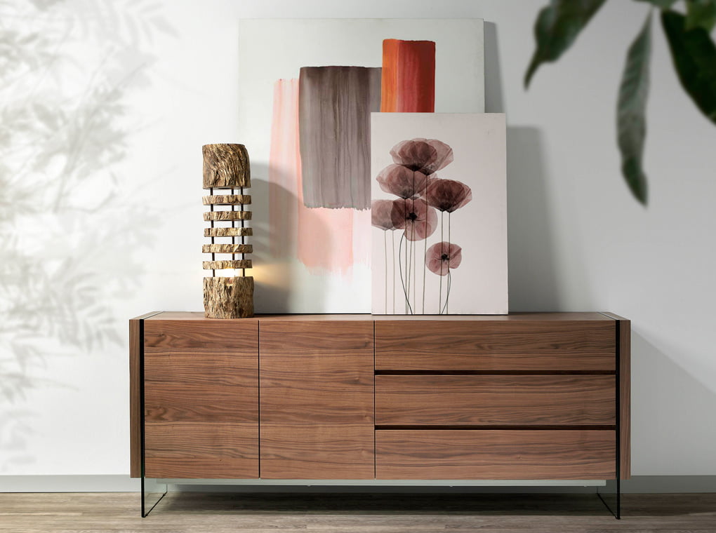 Walnut wood sideboard and tempered glass