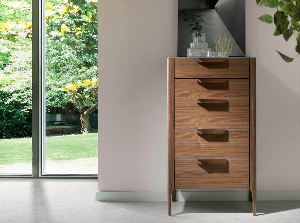 Fiberglass Chiffonier with Calacatta Marble Effect and Walnut Wood