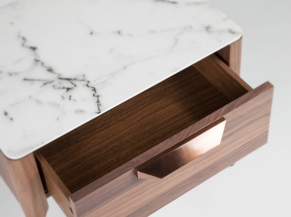 Fiberglass bedside table with Calacatta marble effect and Walnut wood