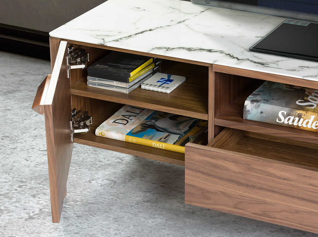 Walnut wood TV cabinet and fiberglass top with Calacatta marble effect