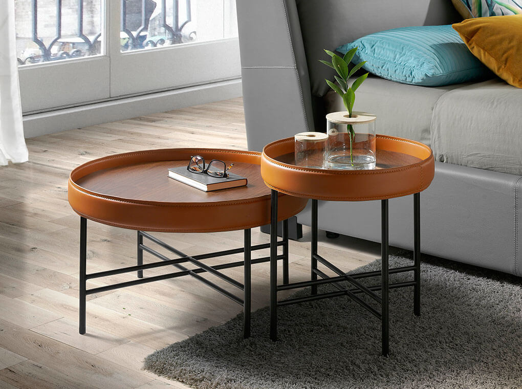 Round walnut wood coffee table upholstered in leather and black steel