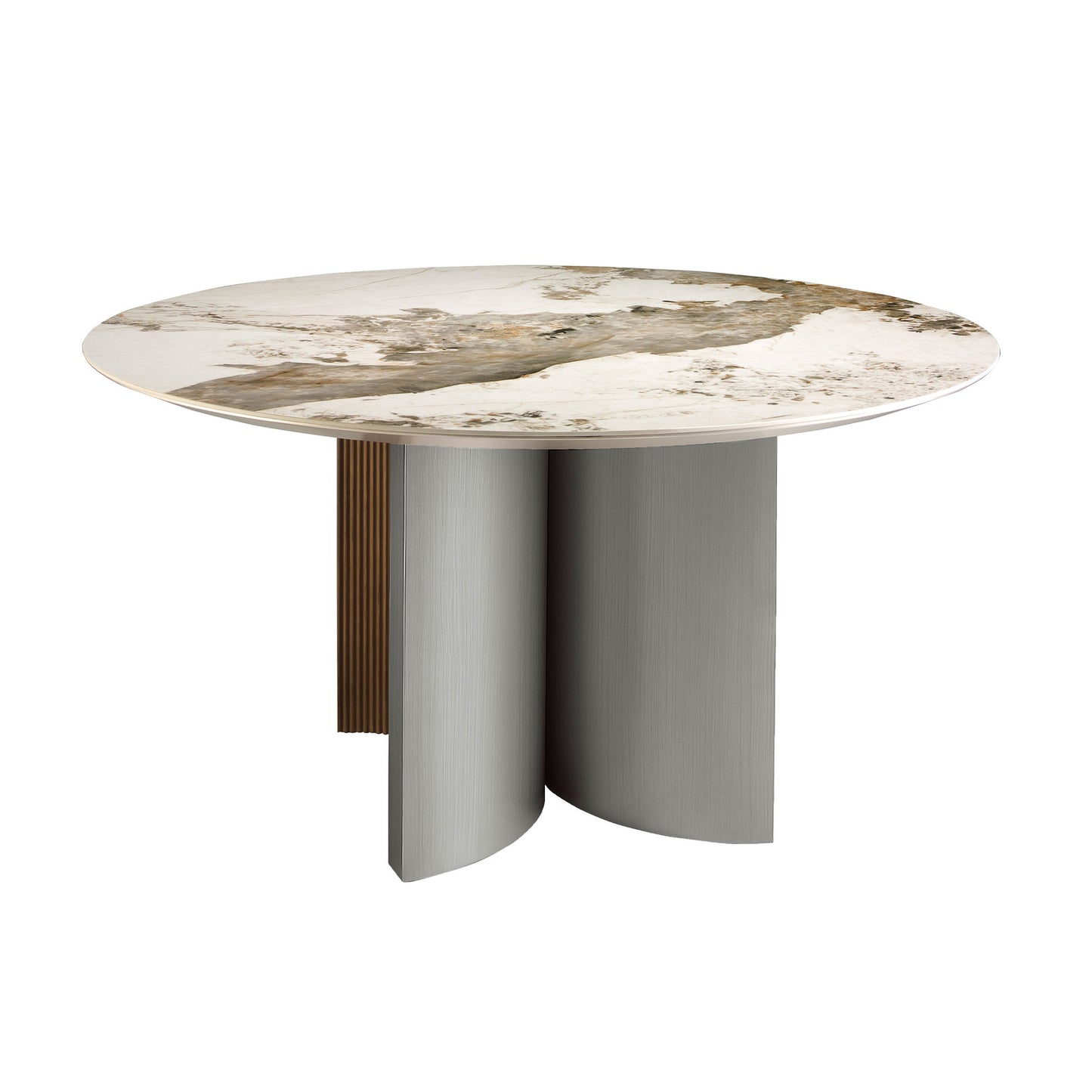 Round dining table in porcelain marble, walnut and silver-coloured wood