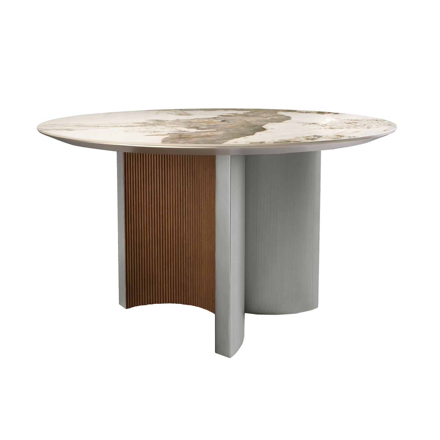 Round dining table in porcelain marble, walnut and silver-coloured wood