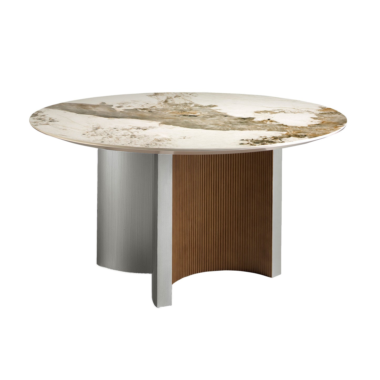 Round dining table in porcelain marble, walnut and silver-coloured wood