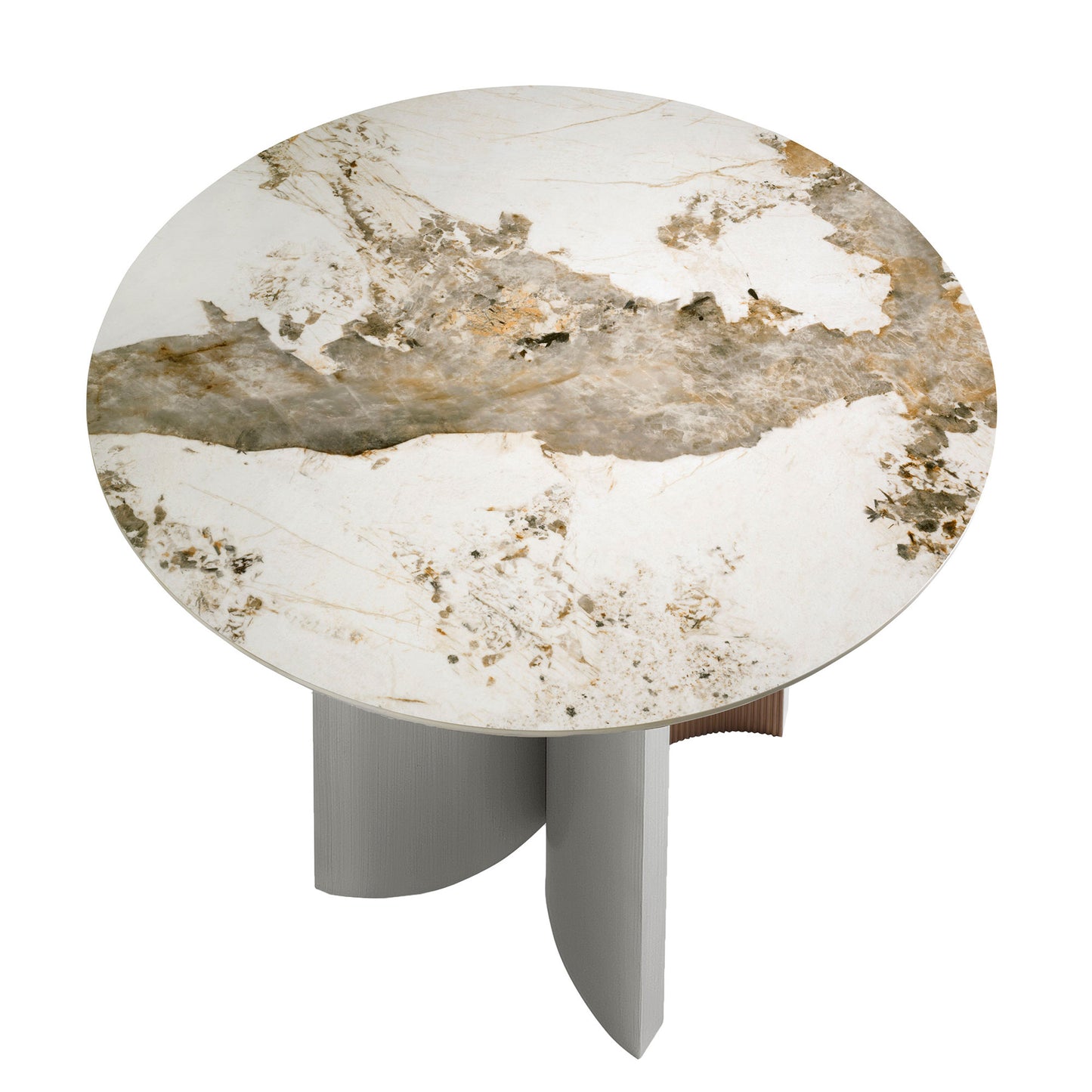 Round dining table in porcelain marble, walnut and silver-coloured wood