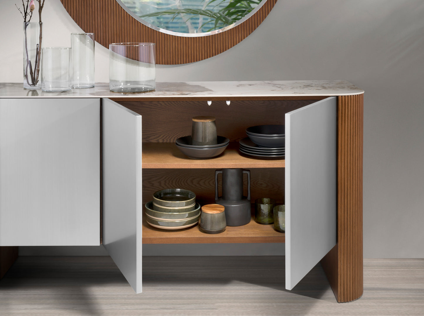 Sideboard silver wood, walnut and porcelain marble top