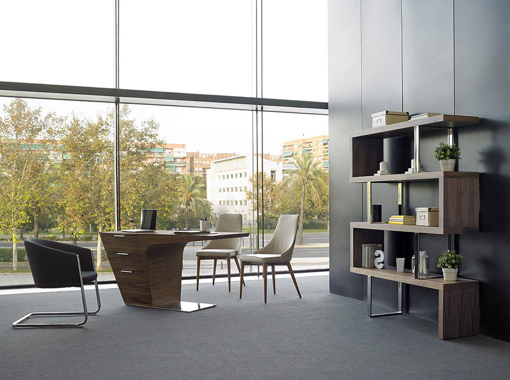 Walnut colored wooden shelf and chrome steel