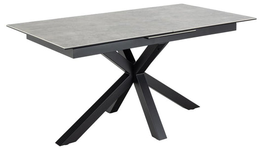 Heaven rectangular dining table, top grey Anista rough ceramic, cross base matt black rough powder coated steel, with extension leaf storage and synchronous extension, 168/210x90x76 cm