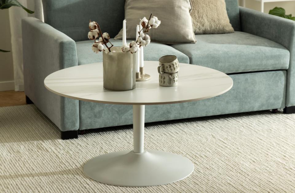 Malta round coffee table, top white Unico rough ceramic, trumpet base white rough powder coated steel, Ø90x45 cm