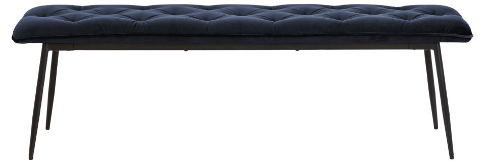 Brooke bench, Vic fabric midnight blue 77AC FR, base matt black rough powder coated steel, with tuftings, 159x38x48 cm