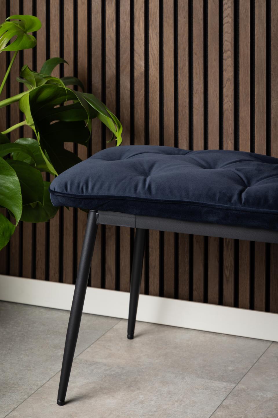 Brooke bench, Vic fabric midnight blue 77AC FR, base matt black rough powder coated steel, with tuftings, 159x38x48 cm