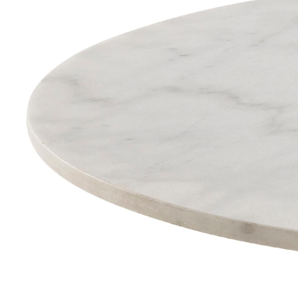 Corby round dining table, top white Guangxi polished marble, disc base matt black rough powder coated steel, Ø105x75 cm