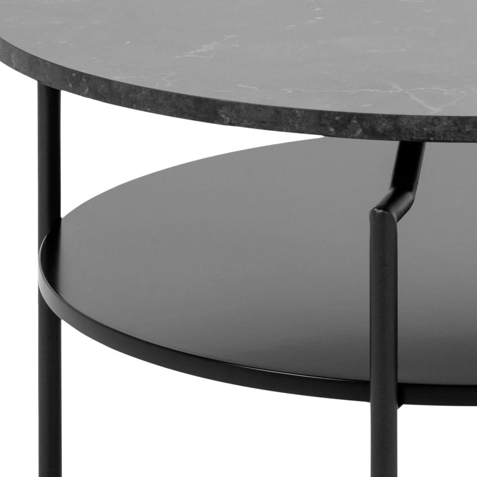 Goldington round coffee table, top black marble Izmir melamine, shelf black PU painted MDF, base matt black rough powder coated steel, Ø80x45 cm