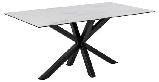 Heaven rectangular dining table, top white Akranes rough ceramic, cross base matt black rough powder coated steel, 160x90x75,5 cm