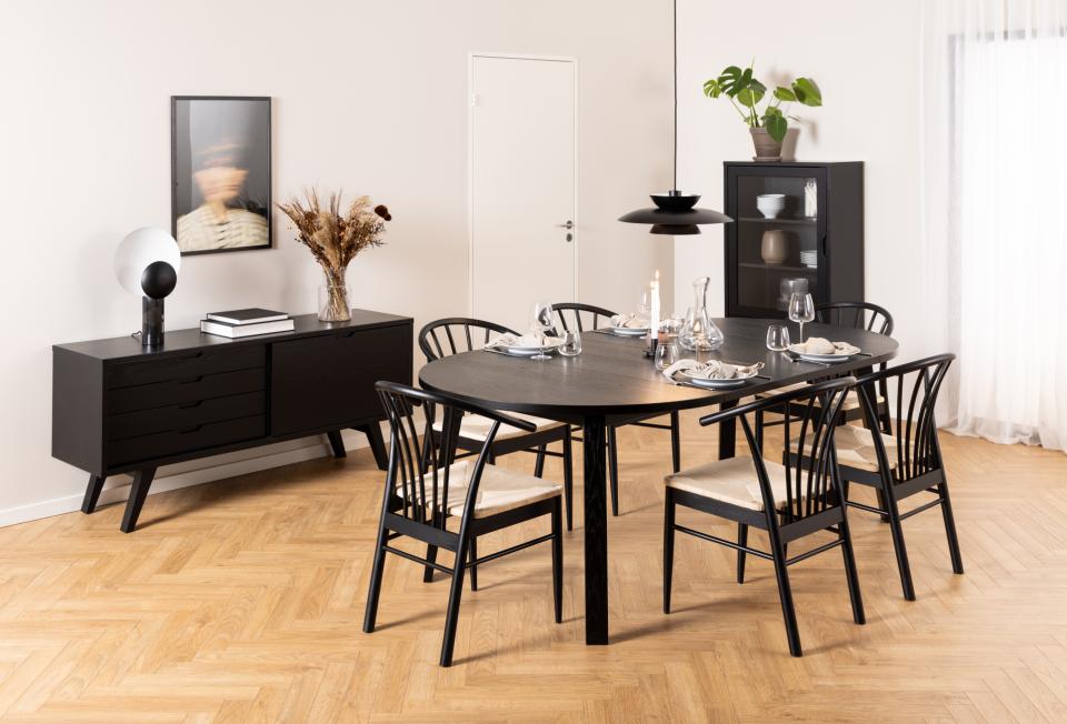 A-Line round dining table, top matt black PU lacquered oak veneer, base matt black NC lacquered oak veneer, Ø120/220x75 cm