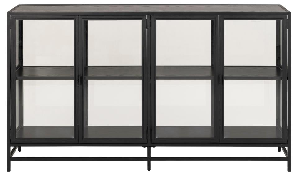 Seaford display cabinet, frame and base matt black rough powder coated steel, top and 2 shelves ash black rough melamine, 4 doors matt black rough powder coated steel and clear tempered glass, 152,4x35x86,4 cm