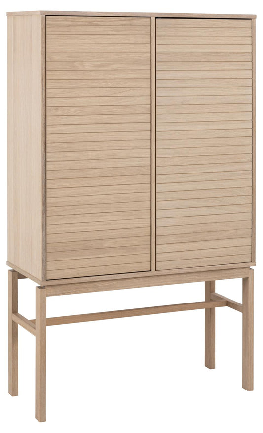 Linley cabinet, top, frame, 2 doors and 4 shelves white pigmented oiled oak veneer, base white pigmented oiled oak, with lamella front and push to open function, 90,8x40x150 cm