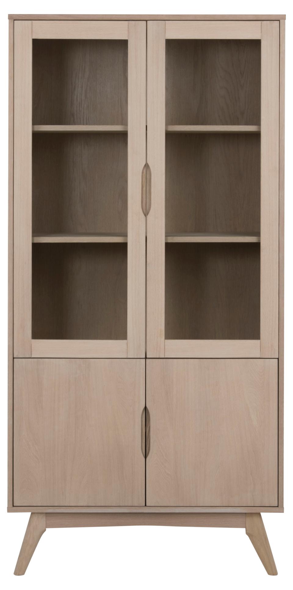 Marte display cabinet, top, frame and 3 shelves white pigmented oiled oak veneer, 4 doors white pigmented oiled oak veneer and clear tempered glass, base white pigmented oiled oak, 94x40x192 cm