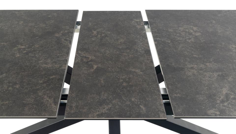 Heaven rectangular dining table, top black Fairbanks rough ceramic, cross base matt black rough powder coated steel, with extension leaf storage and synchronous extension, 200/240x100x76 cm