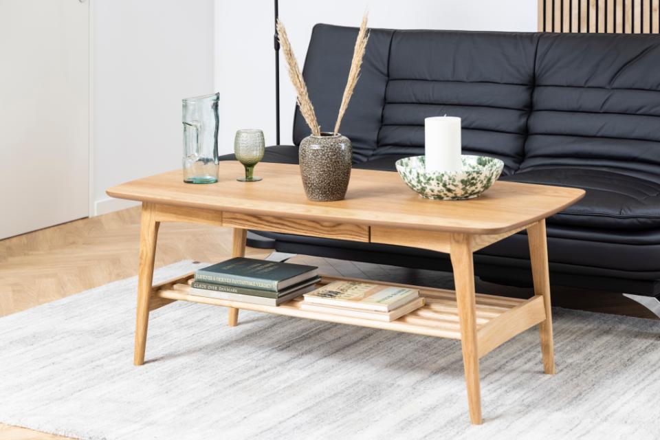 Emma rectangular coffee table, top and drawer oak oiled veneer, shelf and base oiled oak, 130x70x51 cm