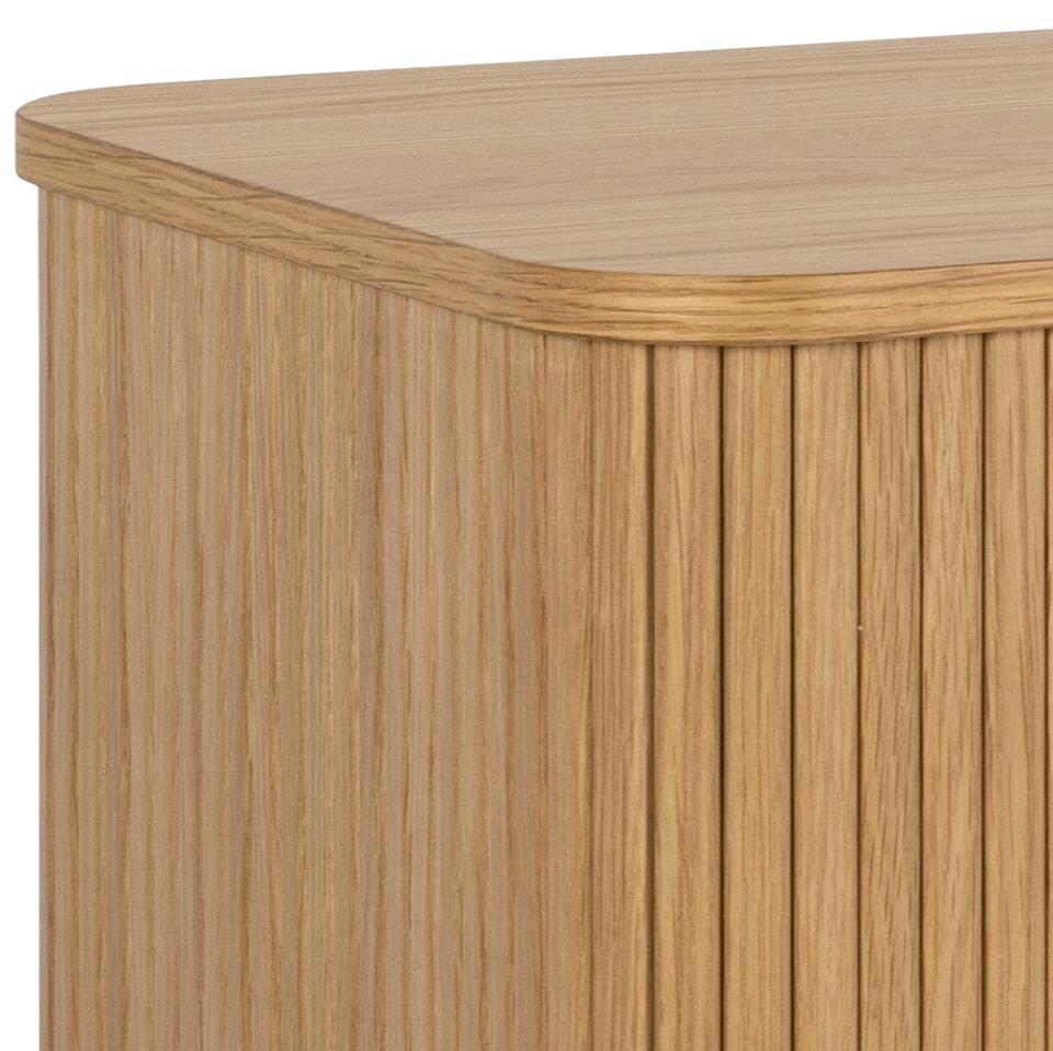 Langley sideboard, top and frame oak PU lacquered veneer, 2 doors oak NC lacquered veneer, 2 shelves oak melamine, base NC lacquered oak, with lamella front, sliding door and tambour door, 160x40x80 cm