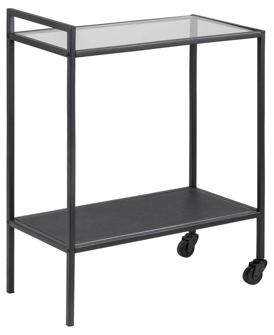 Seaford rectangular serving trolley, top clear tempered glass, shelf black tempered and frosted glass, base matt black rough powder coated steel, 60x30x75 cm