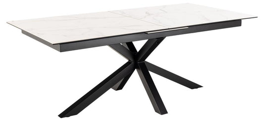 Heaven rectangular dining table, top white Akranes rough ceramic, cross base matt black rough powder coated steel, with extension leaf storage and synchronous extension, 200/240x100x76 cm