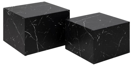 Dice square coffee table set, top and base black marble Marquina rough paper, with set of 2 pcs, 58x58x40 cm