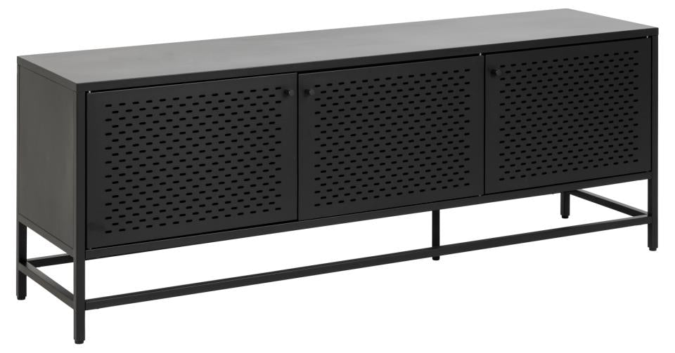 Newcastle sideboard, top, frame, 3 doors, 2 shelves and base matt black rough powder coated steel, with metal mesh, 160x40x60 cm