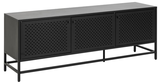 Newcastle sideboard, top, frame, 3 doors, 2 shelves and base matt black rough powder coated steel, with metal mesh, 160x40x60 cm