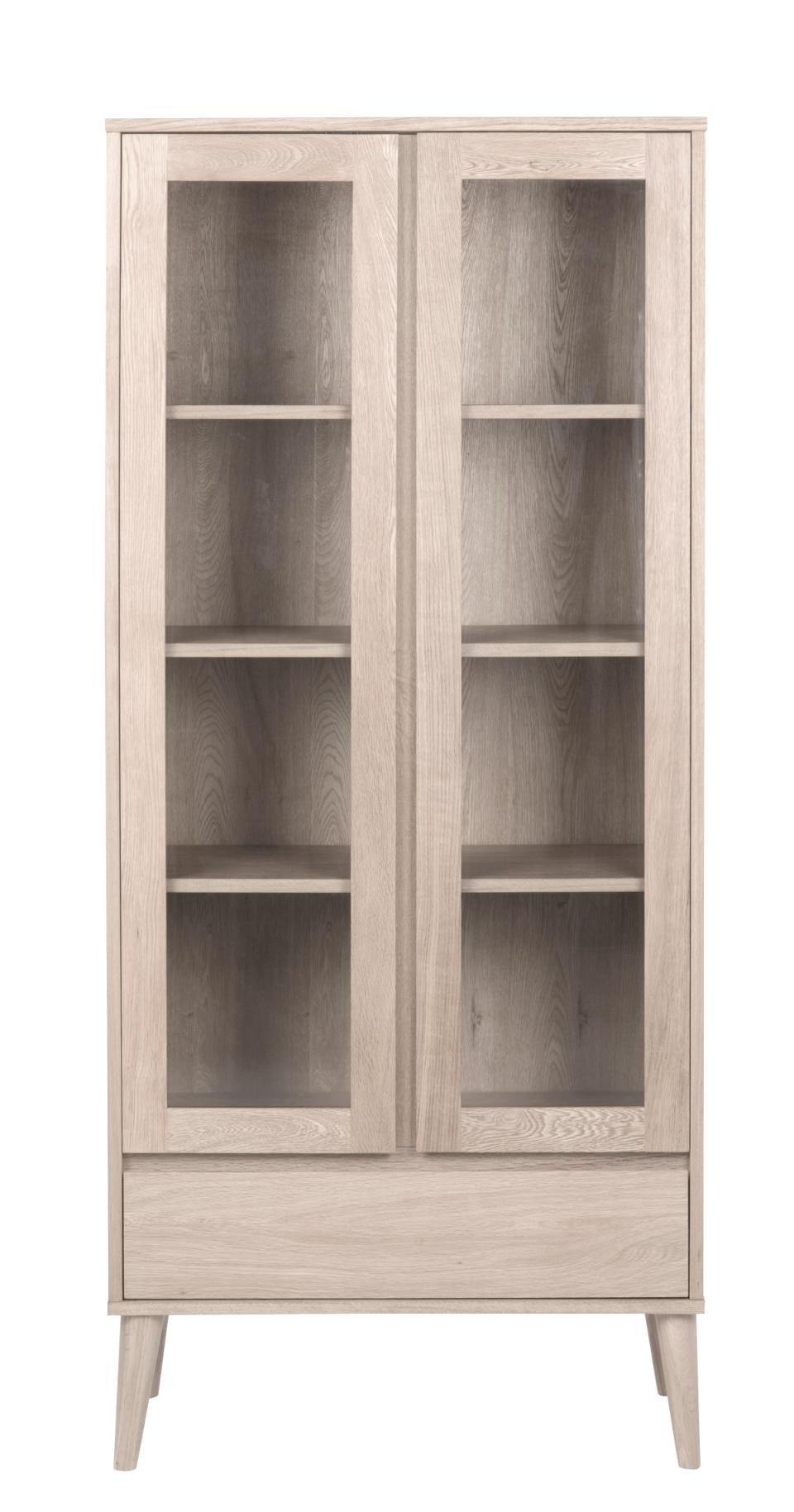 Nagano display cabinet, top, frame, drawer and 3 shelves white pigmented oiled oak veneer, 2 doors clear tempered glass and white pigmented oiled oak veneer, base white pigmented oiled oak, with metal runners, 80x37x178 cm