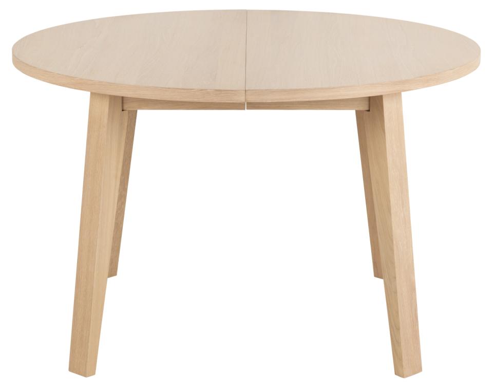 A-Line round dining table, top smoke PU lacquered oak veneer, white pigmented oiled oak veneer, base smoke NC lacquered oak veneer, Ø120/220x75 cm