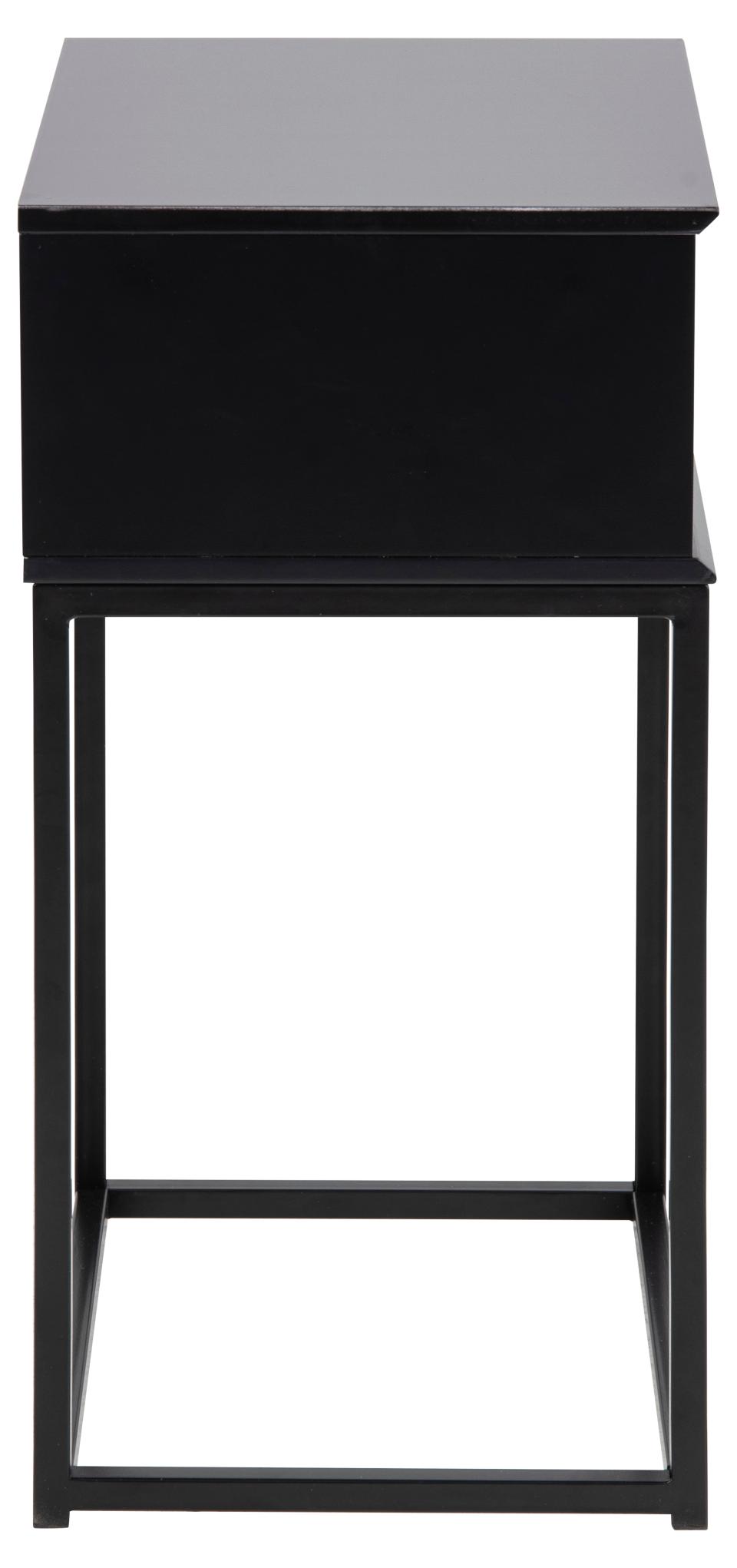 Mitra rectangular bedside table, top and drawer black UV painted MDF, base black powder coated steel, 40x30x61,5 cm