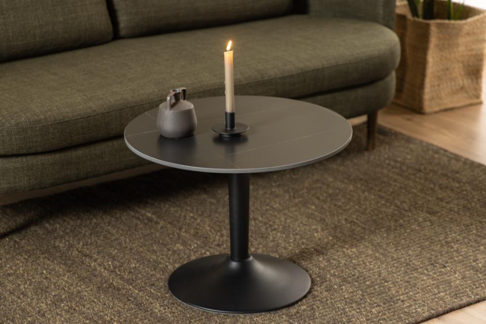 Malta round coffee table, top matt black Grantham ceramic, trumpet base matt black rough powder coated steel, Ø60x45 cm