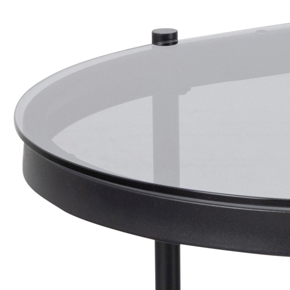 Bayonne oval coffee table, top and shelf smoked tempered glass, base matt black rough powder coated steel, 95x50x42 cm