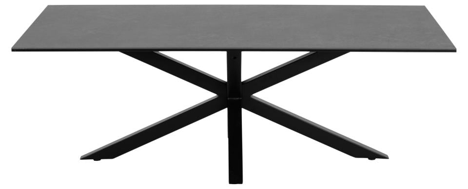 Heaven rectangular coffee table, top black Fairbanks rough ceramic, cross base matt black rough powder coated steel, 130x70x46 cm