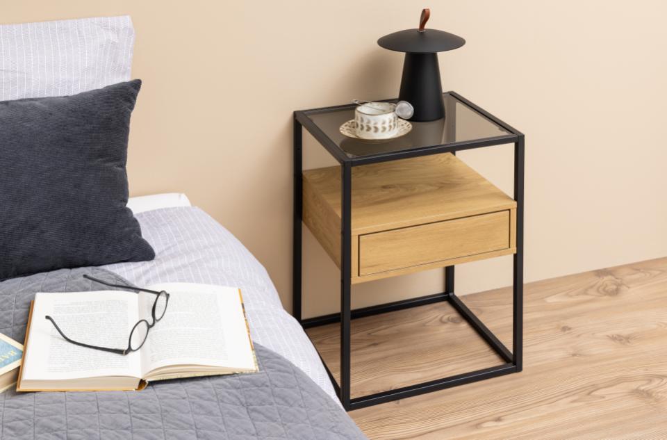 Randolf square bedside table, top smoked tempered glass, drawer and shelf matt wild oak rough melamine, base matt black rough powder coated steel, with open compartment, 40x35x60 cm