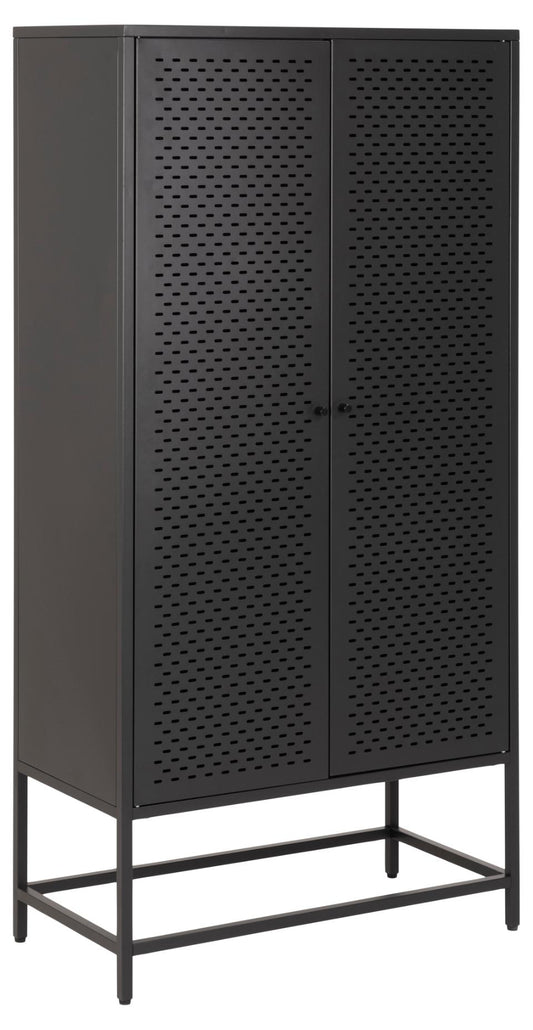 Newcastle cabinet, top, frame, 2 doors, 2 shelves and base matt black rough powder coated steel, with metal mesh, 80x40x160 cm