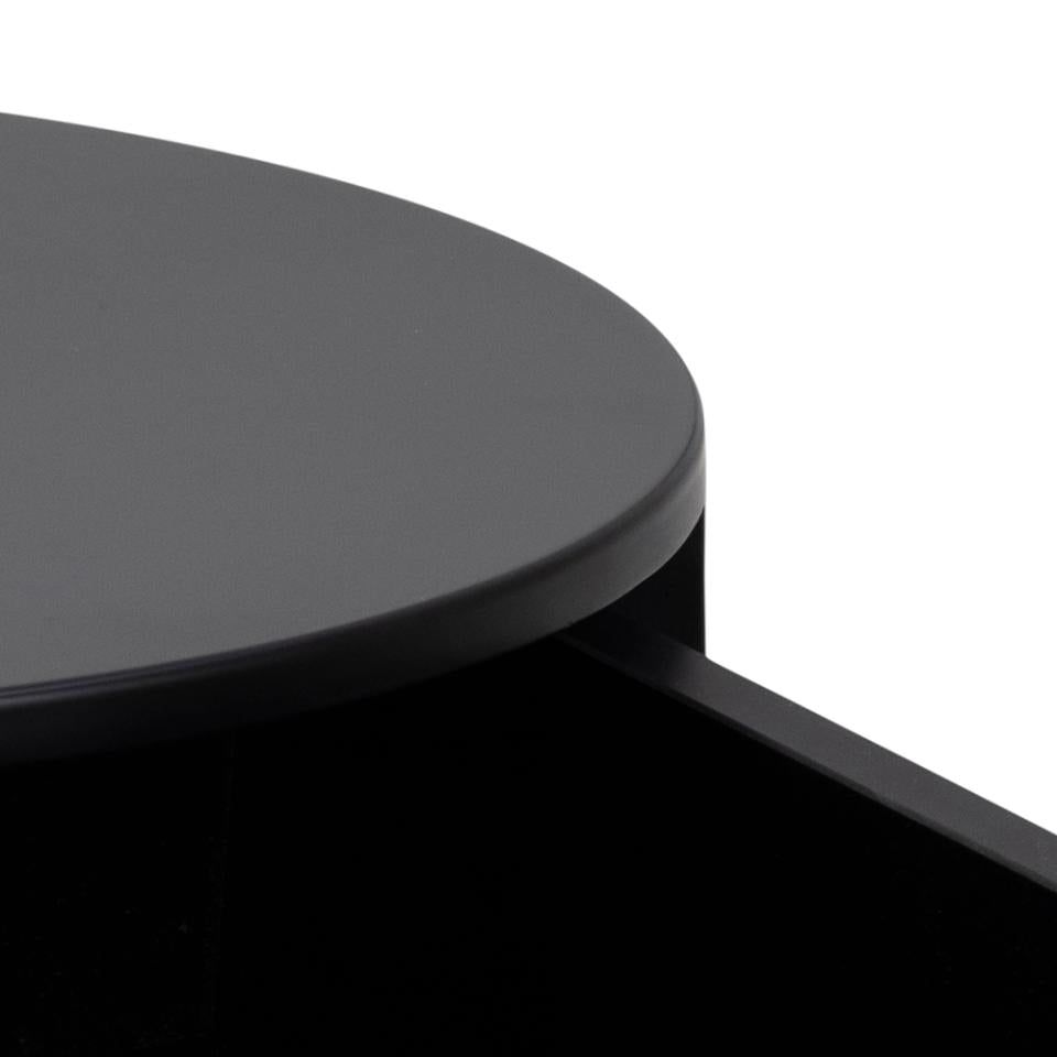 Polo round bedside table, top and drawer black PU painted MDF, base matt black rough powder coated steel, Ø40x51 cm