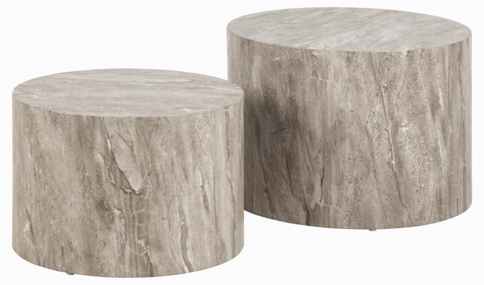 Dice round coffee table set, top and base grey marble River rough paper, with set of 2 pcs, Ø58x40 cm