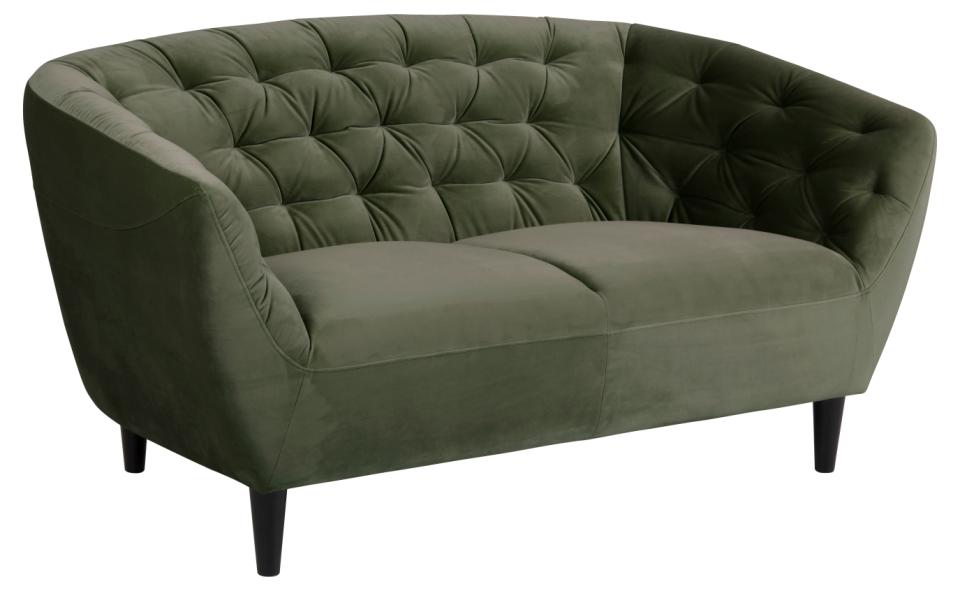 Ria 2-seater, Vic fabric forest green 68AC, base black NC lacquered rubberwood, with pocket springs and tuftings, 150x84x78 cm