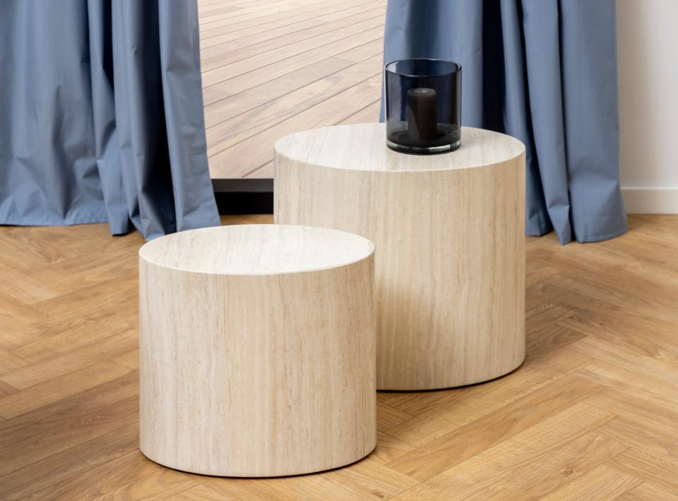 Mice oval coffee table set, top and base travertine rough paper, with set of 2 pcs, 33x48x40 cm