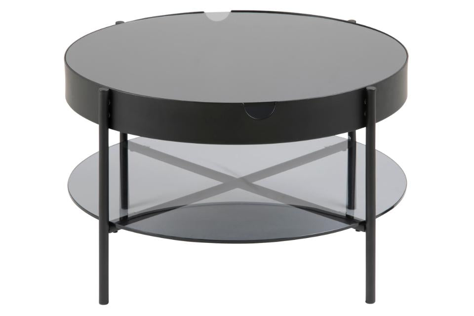 Tipton round coffee table, top and shelf smoked tempered glass, frame and base matt black powder coated steel, with hidden storage, Ø75x45 cm