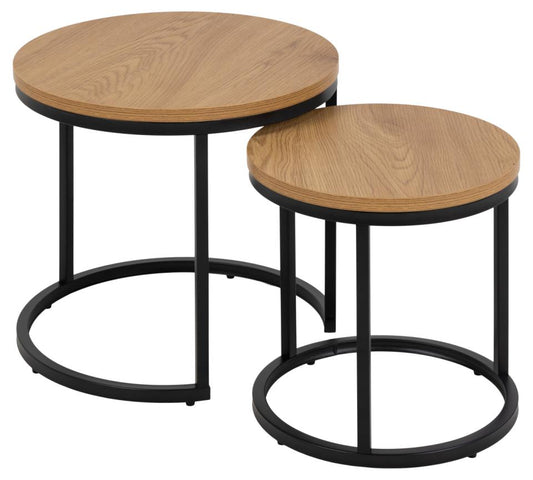 Spiro round nest of tables, top matt wild oak rough melamine, base matt black rough powder coated steel, with set of 2 pcs, Ø45x40 cm