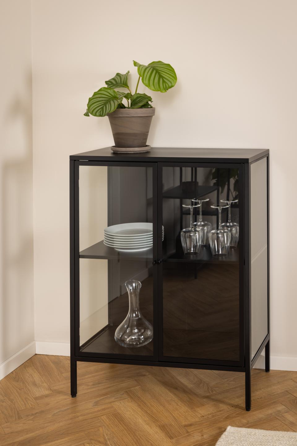 Newcastle display cabinet, top, frame, shelf and base matt black rough powder coated steel, 2 doors clear tempered glass and matt black rough powder coated steel, 80x40x98,7 cm