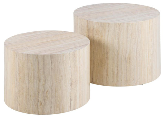 Dice round coffee table set, top and base travertine rough paper, with set of 2 pcs, Ø58x40 cm