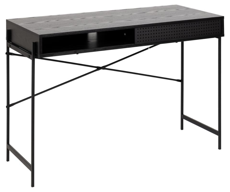 Angus rectangular office desk, top ash black rough melamine, base matt black rough powder coated steel, with metal mesh, open compartment, sliding door and wire hole, 110x50x75 cm