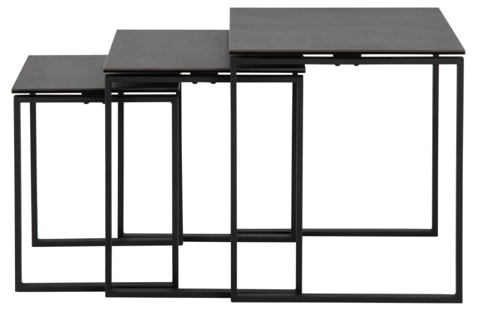 Katrine square nest of tables, top black Fairbanks rough ceramic, sledge base matt black rough powder coated steel, with set of 3 pcs, 50x50x55 cm