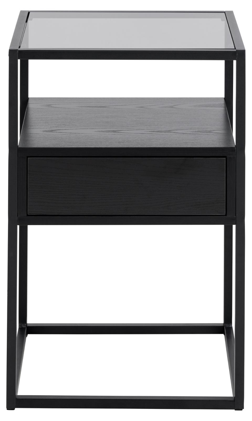 Randolf square bedside table, top smoked tempered glass, drawer and shelf ash black rough melamine, base matt black rough powder coated steel, with open compartment, 40x35x60 cm